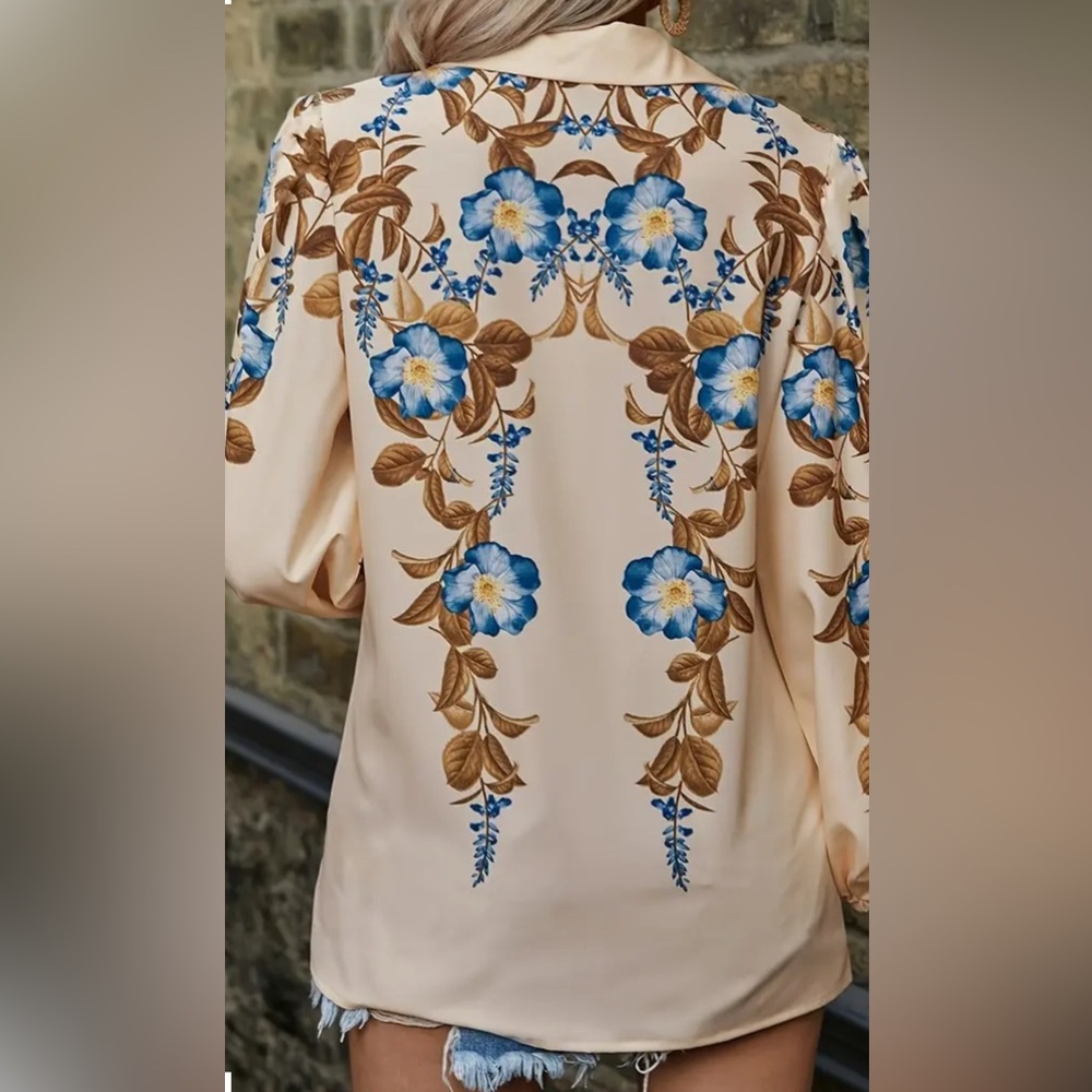 Beige Blue Floral Button-Down Blouse | Long Sleeve Collared Top (Polyester) - Picture 4 of 5